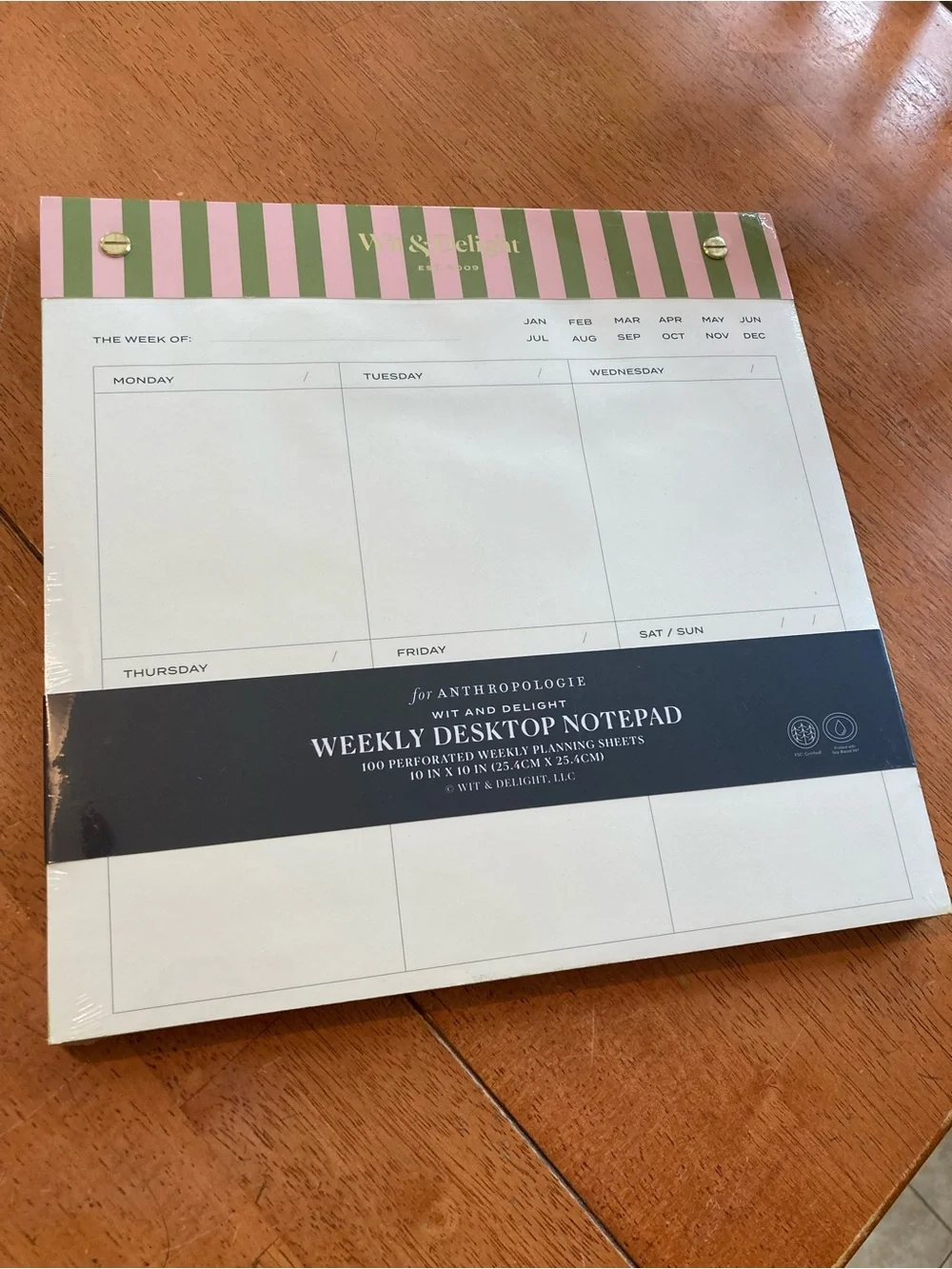 Anthropologie Pink & Green Striped Weekly Desktop Notepad - NEW in wrapper!